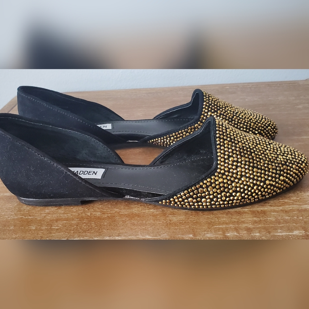 Steve Madden Vamp-G Women's 8 d'Orsay Flats Shoes Black Suede Gold Rhinestones - Picture 2 of 11